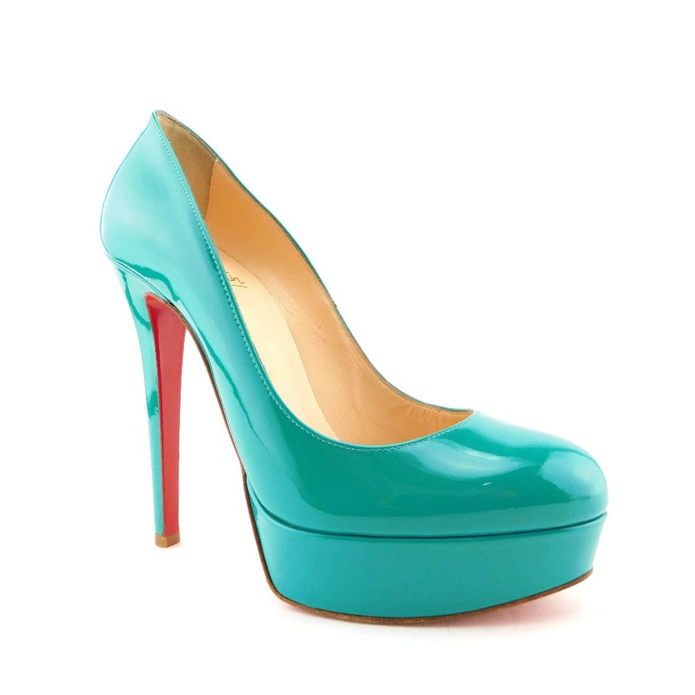 CHRISTIAN LOUBOUTIN Turquoise Aqua Blue Patent Leather Platform Heel Pumps 36